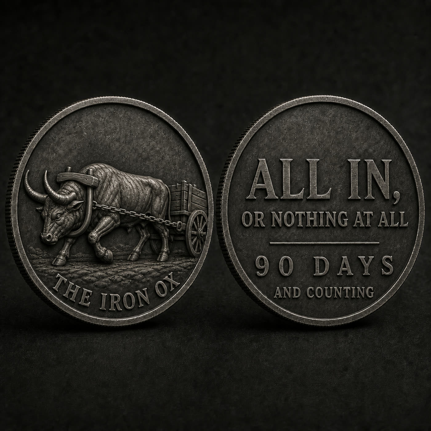 Pre-production render of the Iron Ox coin design: a muscular ox pulling a cart on the face, and on the reverse: ALL IN, OR NOTHING AT ALL — 90 DAYS AND COUNTING