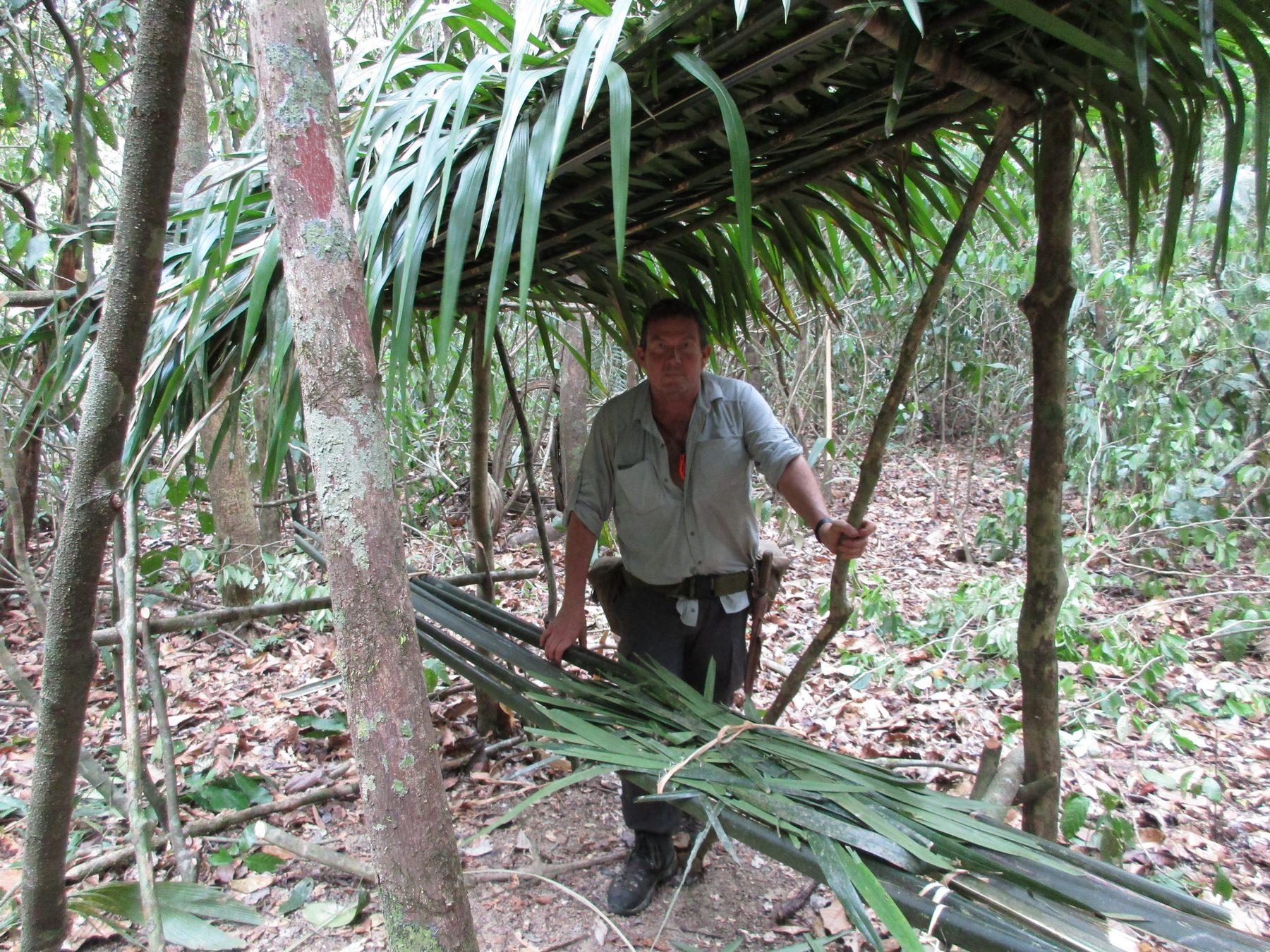Terry L. Fossum. The Amazon jungle. A shelter he built himself.
