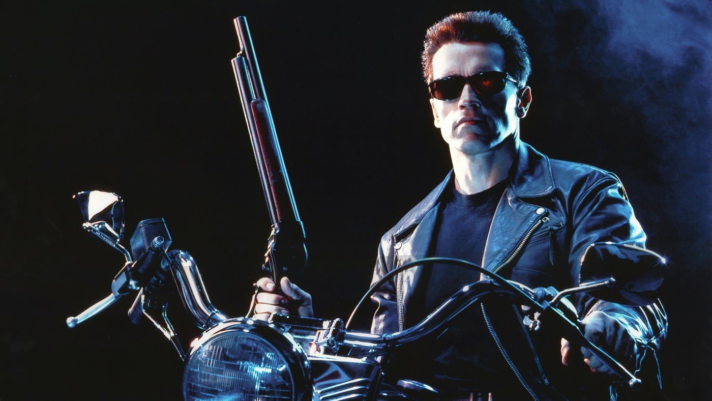 Arnold Schwarzenegger as the Terminator on a motorcycle in Terminator 2: Judgment Day