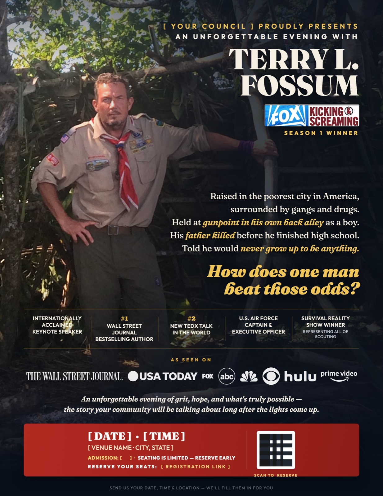 Promotional event flyer for an evening with Terry L. Fossum — customizable with your council's date, time, and location